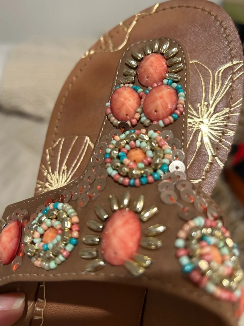 Yellow Box Brown Sandals with Coral and Turquoise Beading - Picture 7 of 7